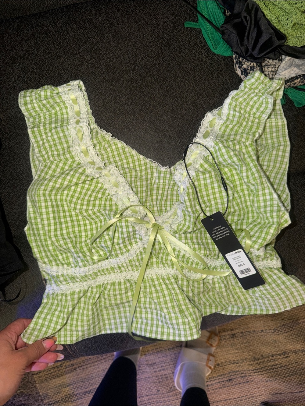 Green Gingham Lace-Trim Crop Top